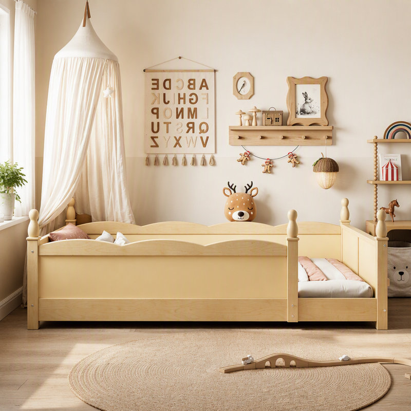 Lit sur pied avec garde-corps et tablette de livre, Lit simple, Naturel
