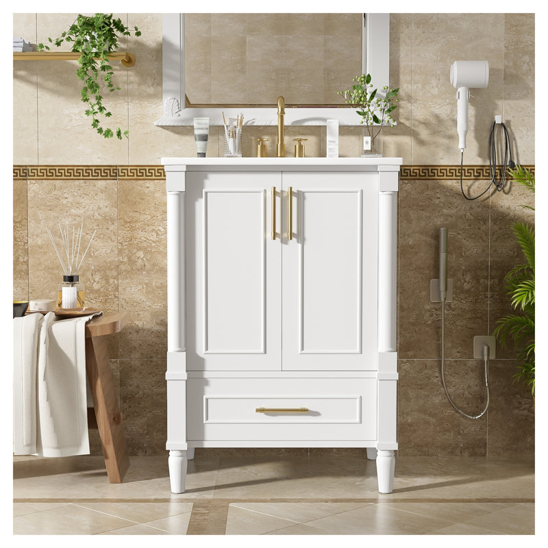 Meuble-lavabo moderne de 24 po avec lavabo en céramique, motif à motif orné, portes à fermeture en douceur, finition blanche, cadre en bois massif et panneau de fibres à densité moyenne