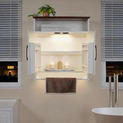 Motion Sensor LED Bathroom Wall Cabinet With Adjustable Shelves And Towel Bar, Farmhouse Style Medicine Cabinet With Open And Hidden Storage For Bathroom Or Kitchen