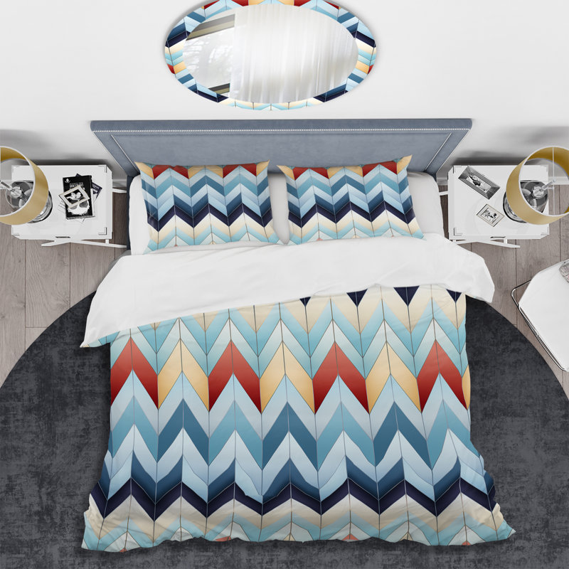 Ensemble de housse de couette en microfibre à motif de chevrons géométrique bleu / rouge / beige