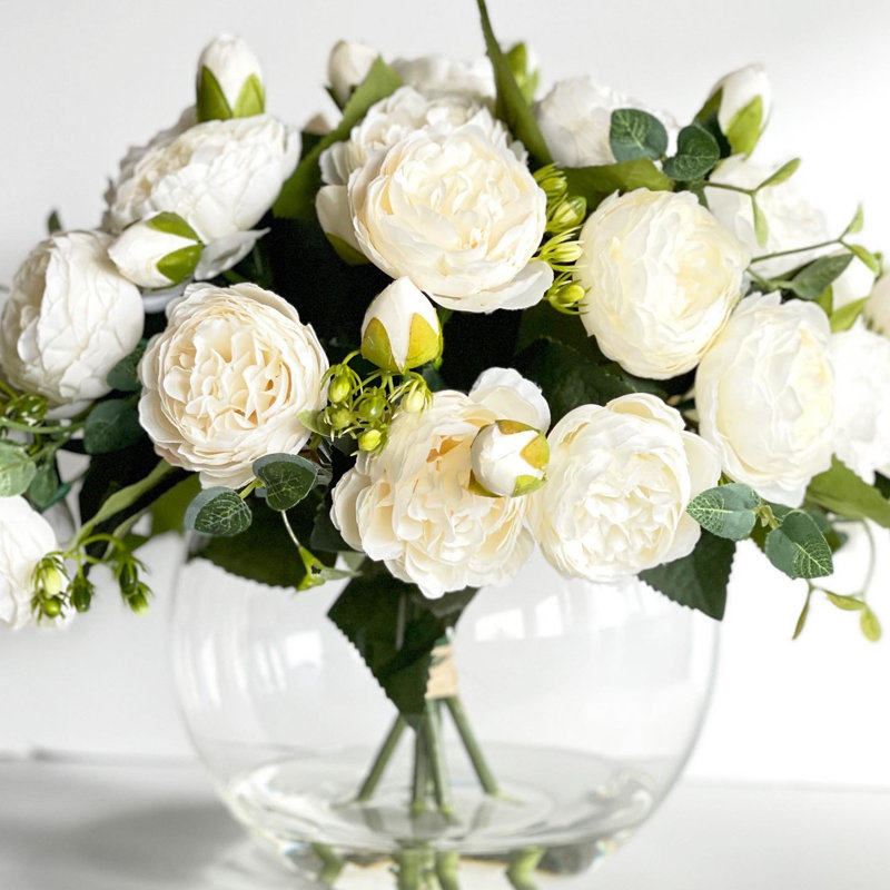 Rose Peony Arrangement Artificial Faux Centerpiece, White