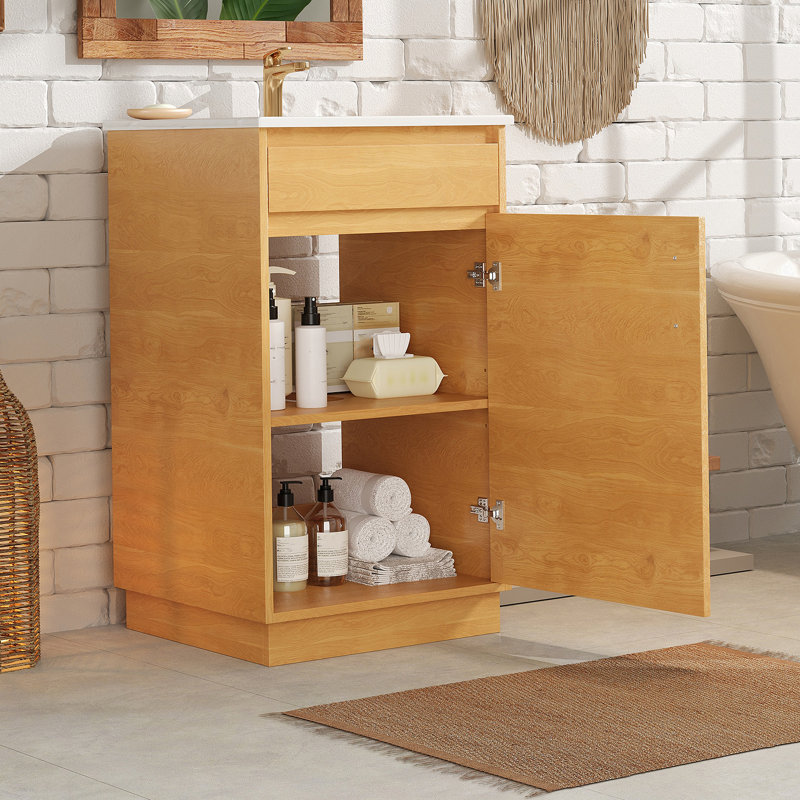 Meuble-lavabo autoportant de 20 pouces avec lavabo en céramique, porte à fermeture douce, tablette réglable, style maison de campagne pour une salle de bain chaleureuse et fonctionnelle