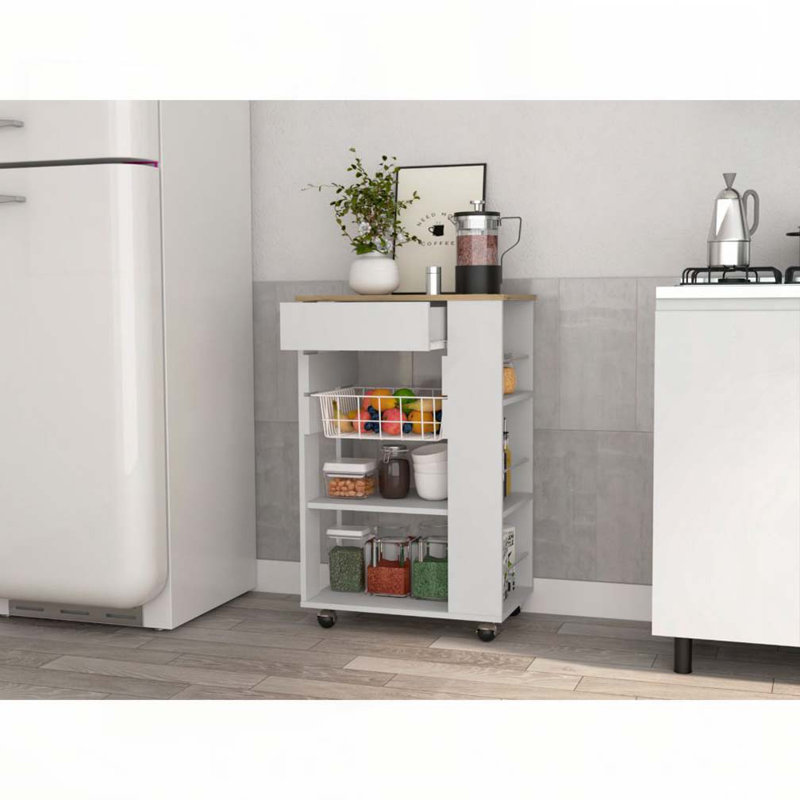 Chariot de cuisine blanc et chêne clair à 5 tablettes et 1 tiroir, Blanc