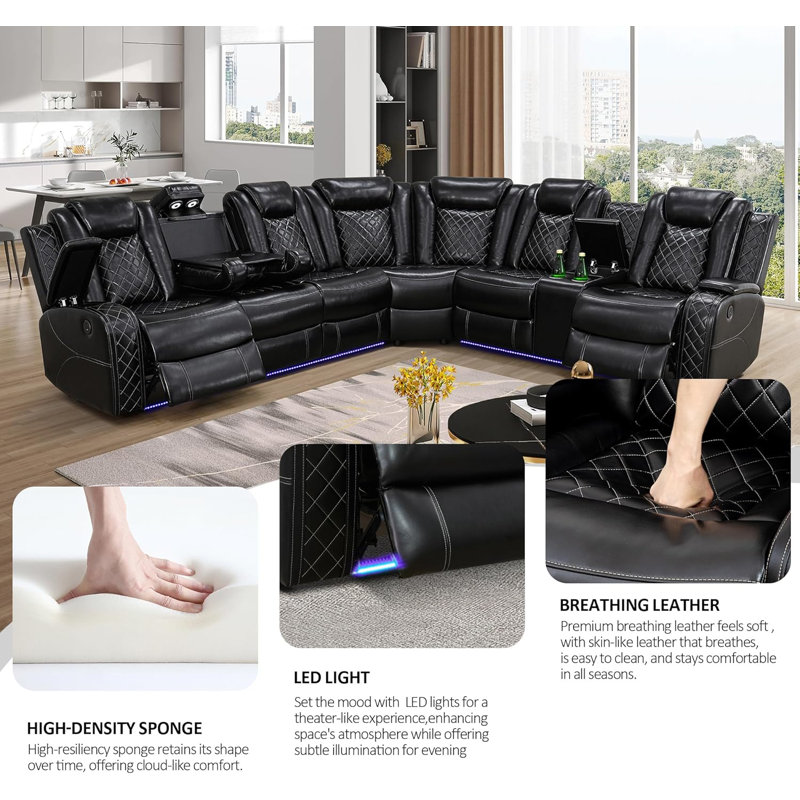 Canapé modulaire inclinable électrique 3 pièces avec chargeur sans fil, lampe de lecture et lumière DEL