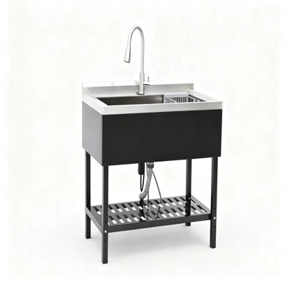 Freestanding Stainless Steel Utility Sink with Pull-out Faucet, Black and Silver Contrast Design, Oversized Basin with Bottom Grille for Home and Commercial Use