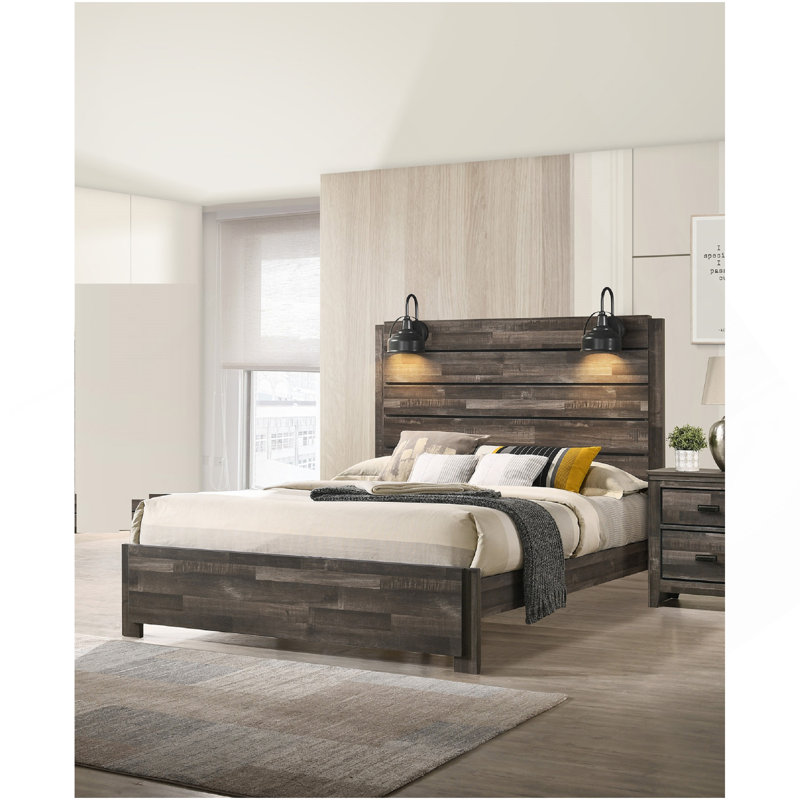 1pièce de style boucher de style rustique au fini brun patiné avec grand lit et lampe, Brun