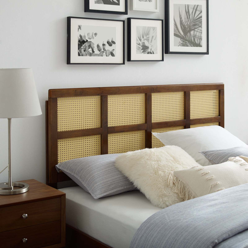 Luana Cane Full Headboard in Walnut Wood with Woven Rattan