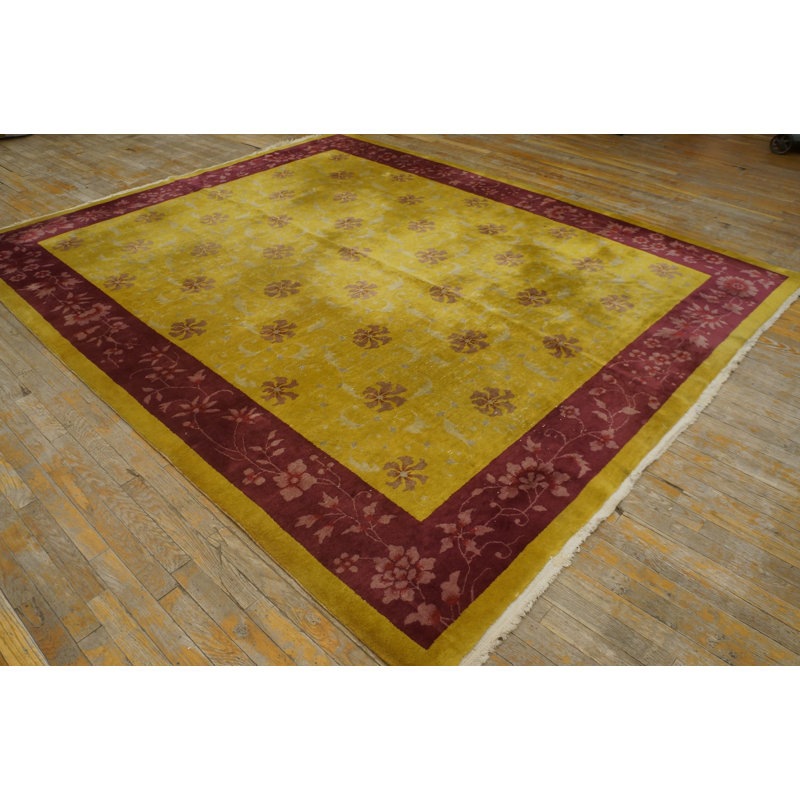 Yellow / Gold Orange 1920s Antique Rectangle Hand Knotted Pile Wool Rug