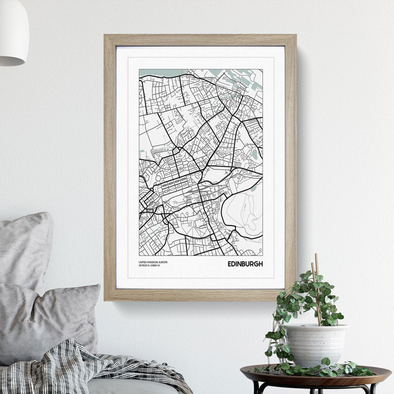 Map Edinburgh UK - Picture Frame Graphic Art, 90cm H x 65cm W x 2cm D, Oak Framed