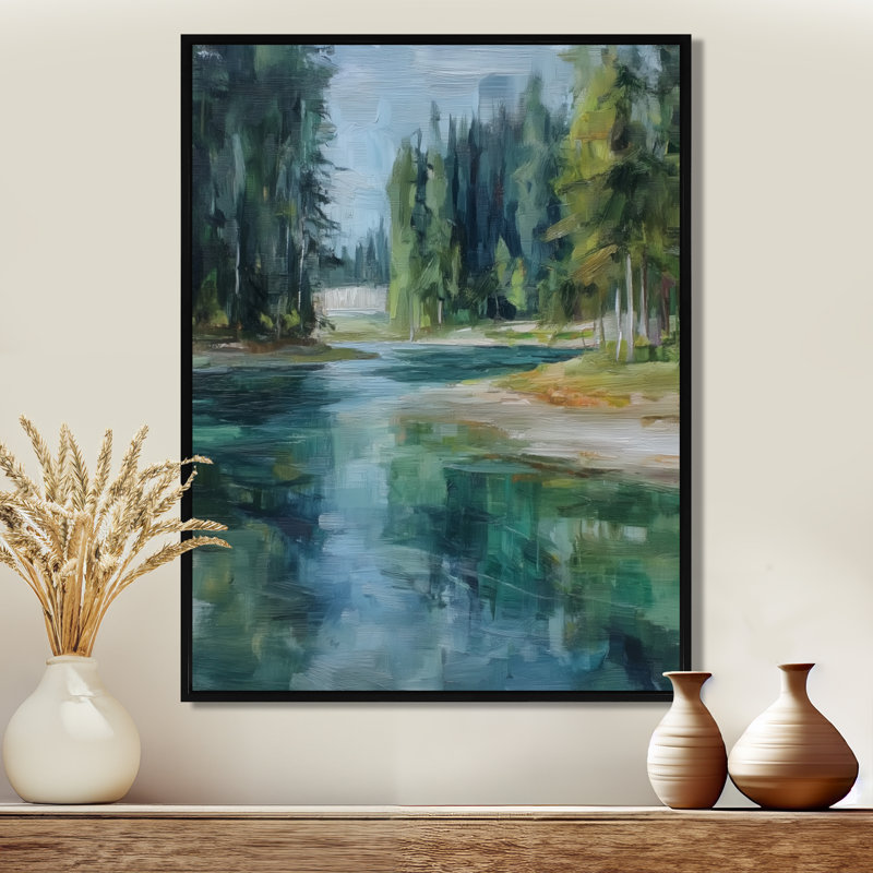 «Pine Trees Fraser River Calming Current», reproduction d'art sur toile, paysage vert, H 20 po x l 12 po, Cadre flottant