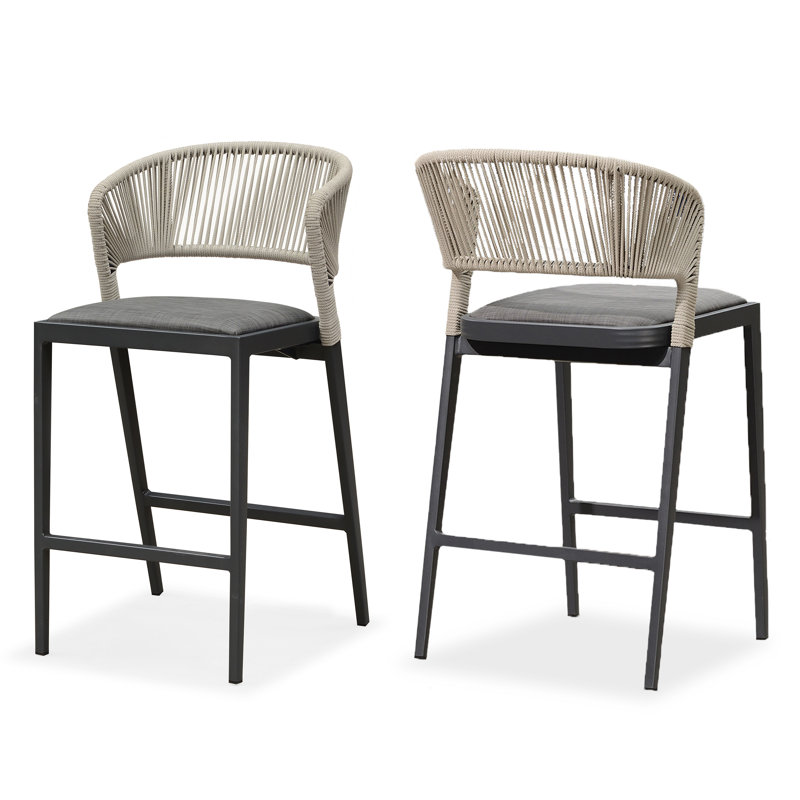 Patio Pebble Grey Bar&Counter Stool Set Of 2 Modern Aluminum Rattan Wicker With Backrest And Cushion For Kitchen Lawn Pool Bar Chairs
