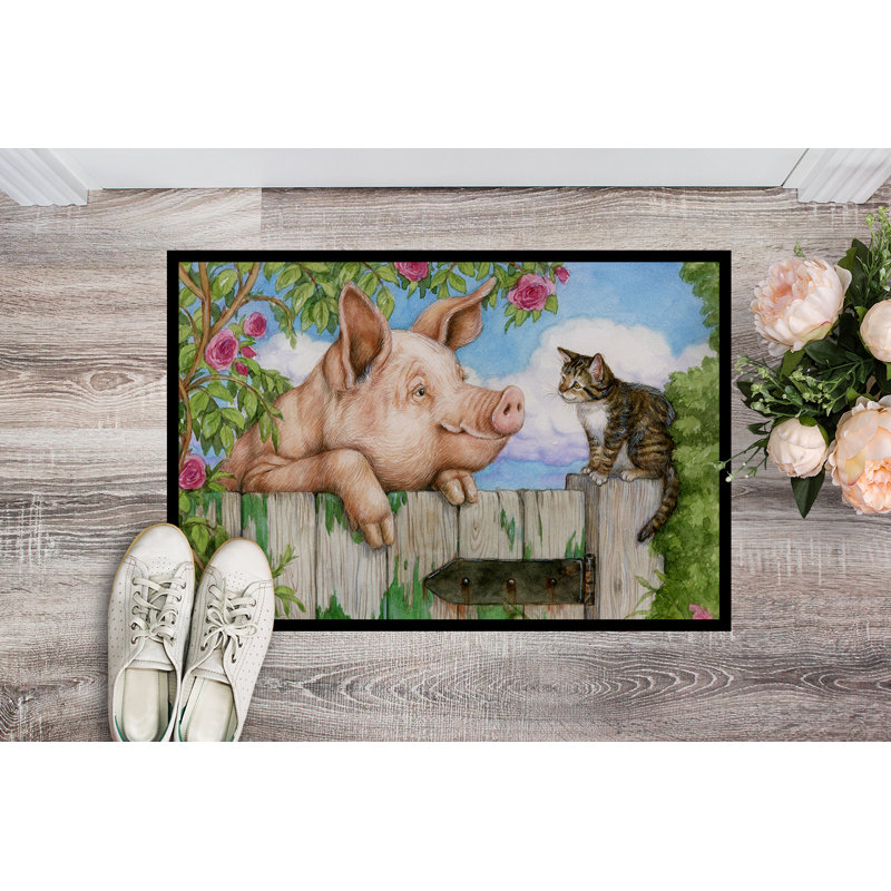 Tapis d'extérieur antidérapant Dea Pig at the Gate avec le chat, Rectangle 1 pi 6 po x 2 pi 3 po