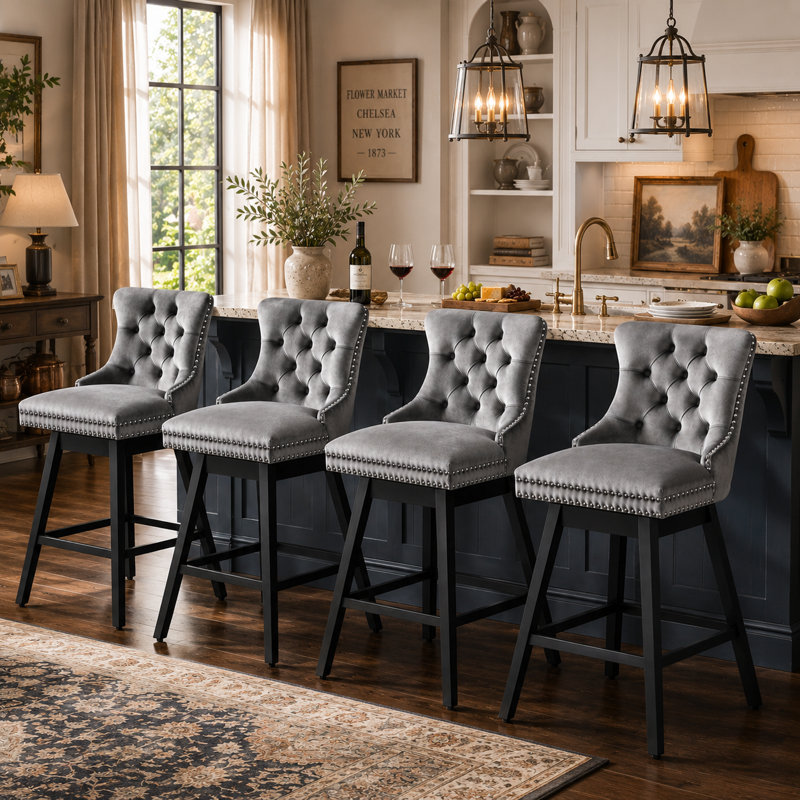 Counter Height Swivel Stools with Back, Upholstered Kitchen Island Chairs, Solid Wood Frame with Nailhead Trim, Set of 4