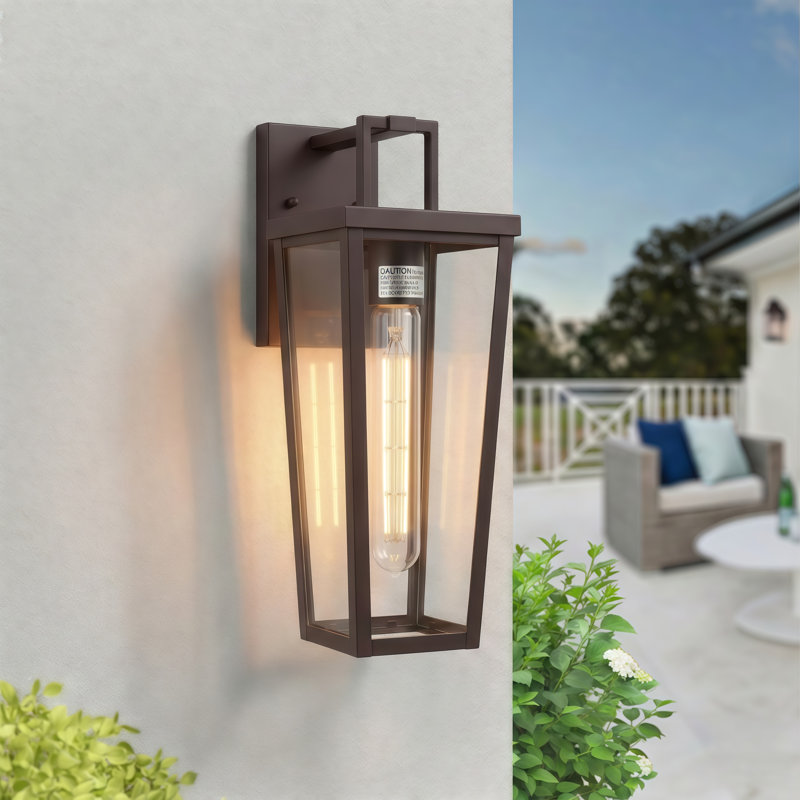 16''H Oil Rubbed Bronze Wrought Iron Clear Tempered Glass Outdoor Wall Light with Dusk to Dawn, Oil Rubbed Bronze