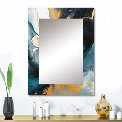 Mylor, décor de miroir mural bleu foncé et or à motif de fractales, grand miroir bleu, art en métal imprimé