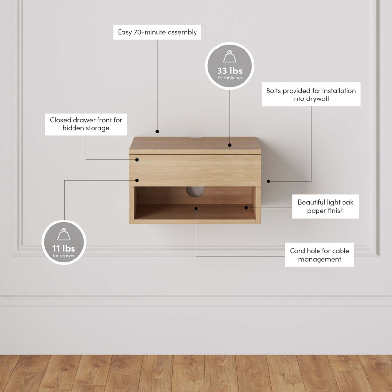 Light Oak Floating Wall-Mount Nightstand with Drawer and Shelf