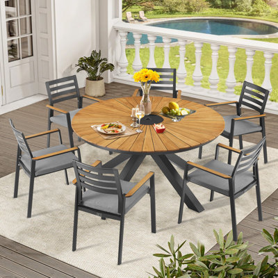Outdoor Aluminum/Teak Round Dining Set With Olefin Cushions