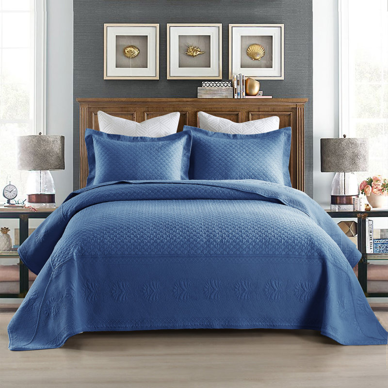 Ensemble de courtepointe en coton TMquilt, Courtepointe pour lit grand + deux taies décorati, Bleu
