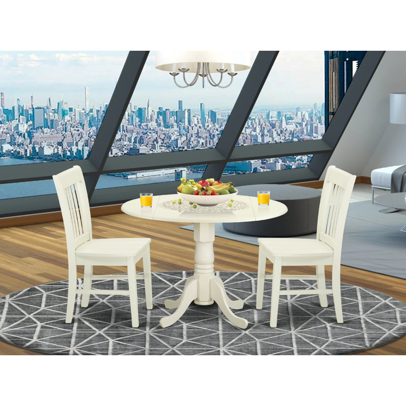 Ensemble de coin repas 3 pièces pour petits espaces comprenant une table de salle à manger ronde avec Dropleaf et 2 chaises de cuisine, 42 po x 42 po, lin blanc