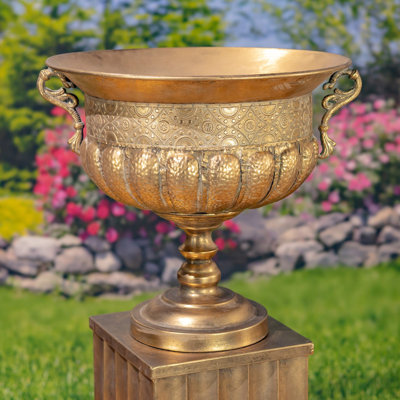 18.3" Tall Frosted Gold Metal Urn "Bacchus"