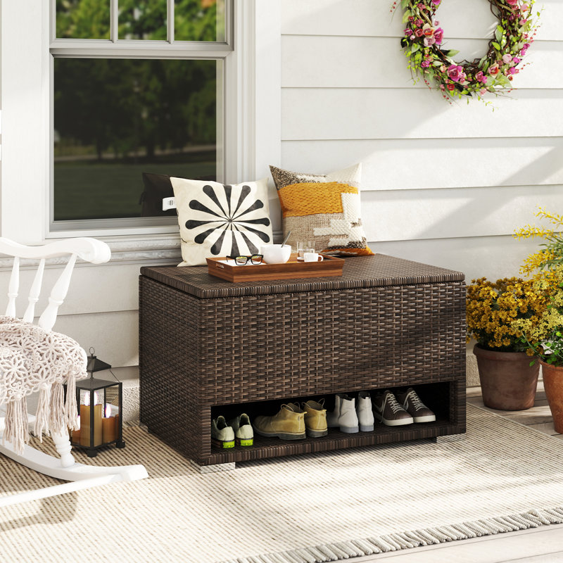 48 Gallon PE Wicker Rattan Deck Box w/ Shoe Rack Outdoor Storage Bin w/ Protective Liner