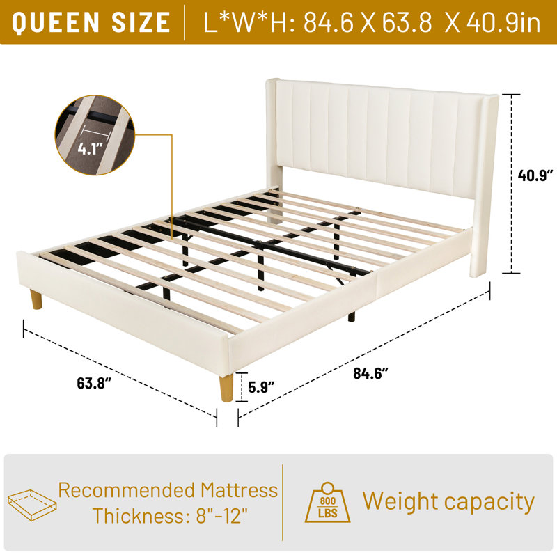 Deeb Luxury Corduroy Upholstered Platform Bed Frame - Modern Wingback Design,No Box Spring Needed, Noise-Free, Queen, Cream