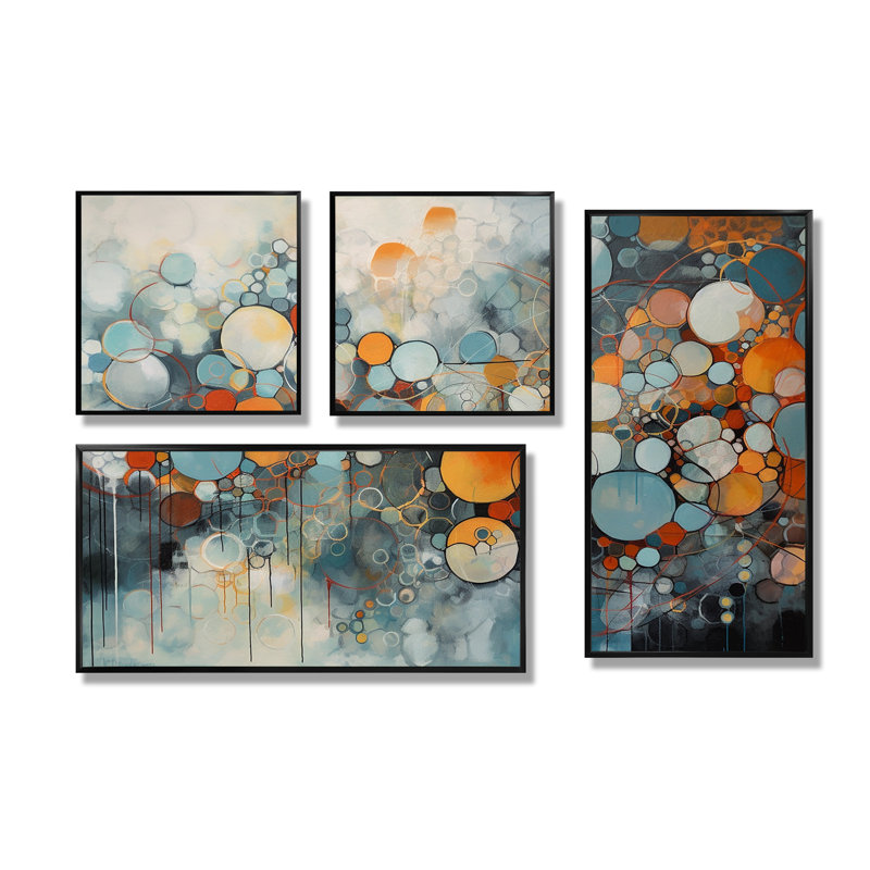 Illusions géométriques orange et bleues - 4 impressions sur toile géométriques abstraites, Noir