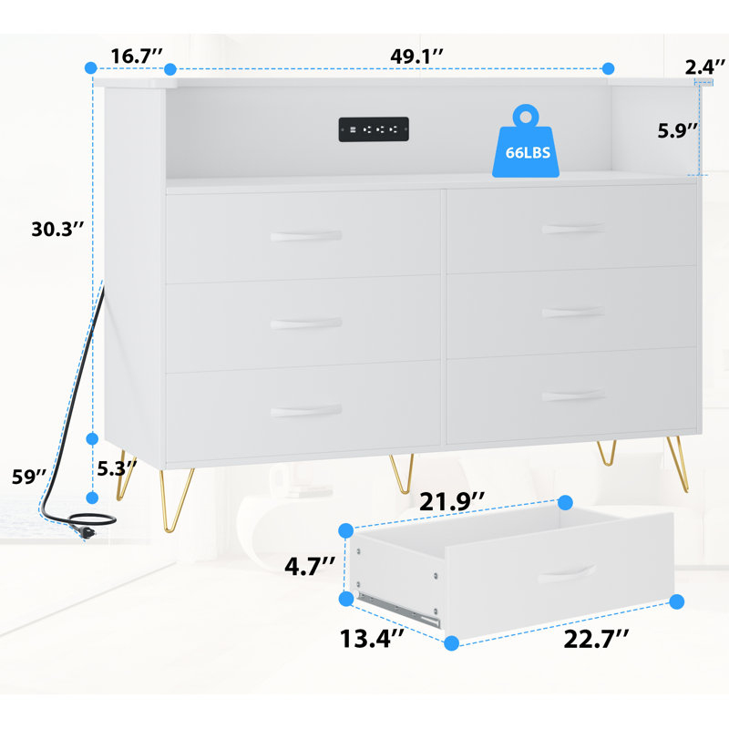 6 Drawer Dresser With Power Outlet & Led Light, Chest Of Double Wide Drawers, White
