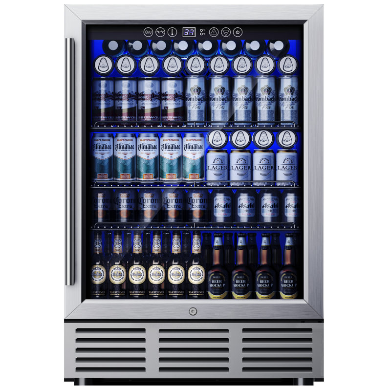 Simzlife 23.5'' W 180 Cans 5 Cubic Feet Beverage Refrigerator - Freestanding/Built-In/Under Counter Cooler with Tempered Glass Door & Reversible Handle, Stores Beer, Wine, Drinks