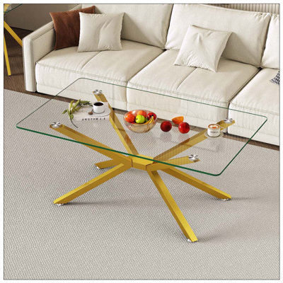 Table basse rectangulaire en verre trempé avec pieds en métal doré (39,37 po)