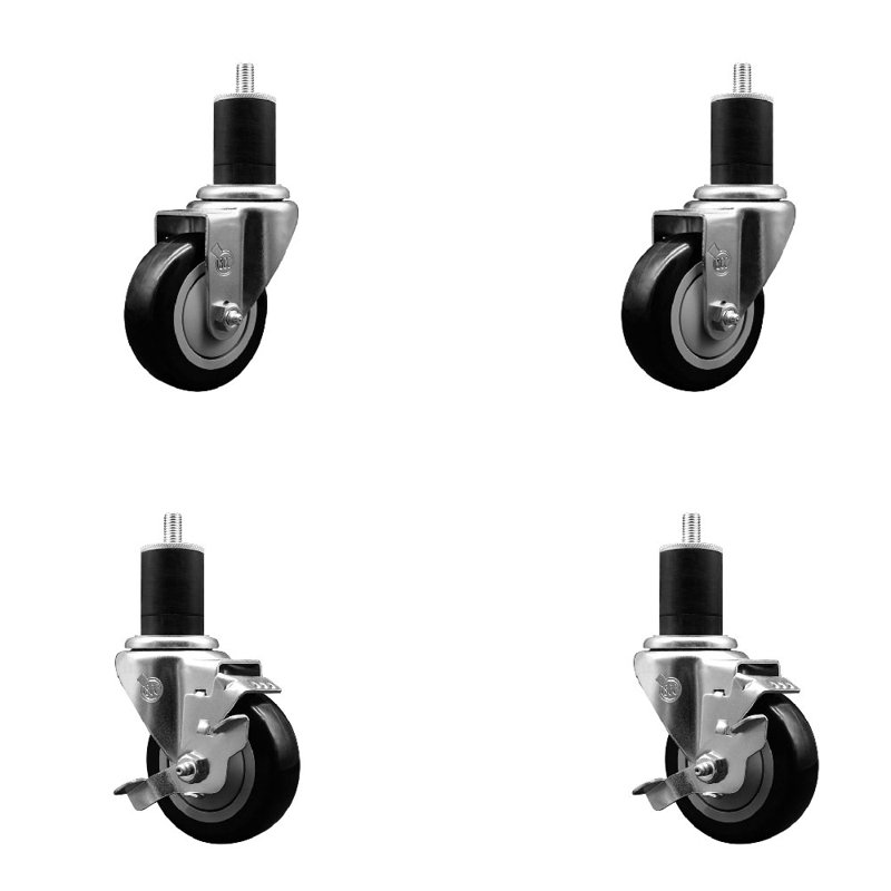 Ensemble de roulettes extensibles pivotantes en poly sur roulettes 2 freins SCC TLB 3,5 po x 1-3 / 4 po, Noir