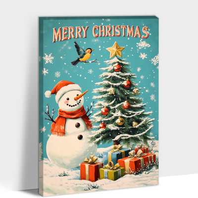 Grande impression d'art sur toile, arbre de Noël rétro, bonhomme de neige rétro, affiche de paysage d'hiver, impression de cadeau de vacances, art sur toile pour salon, chambre à coucher, 20 po x 30 po