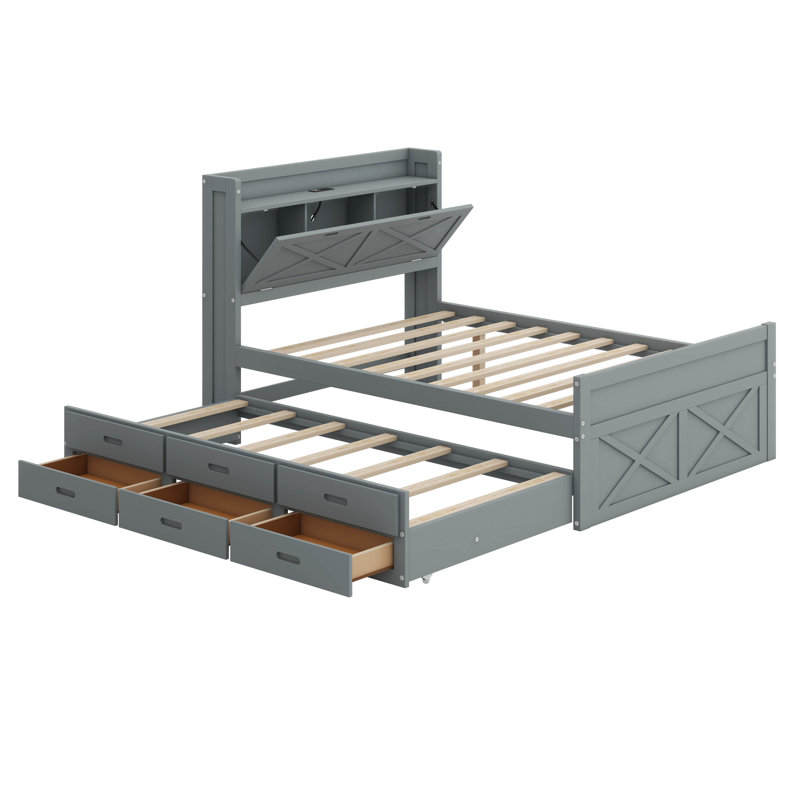 Lit en bois avec tête de lit (prises intégrées) - Conception extensible + lit gigogne simple et 3 tiroirs de rangement, Gris