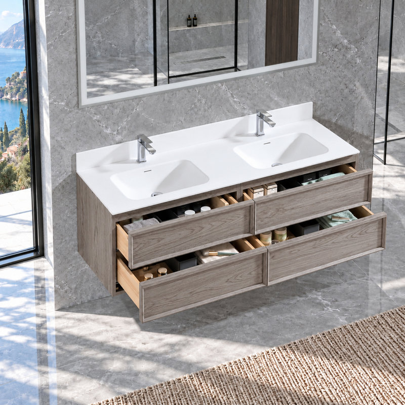 Wall Mounted Single Double Vanity Bathroom Vanity With Solid Surface Top, Gray, 60"