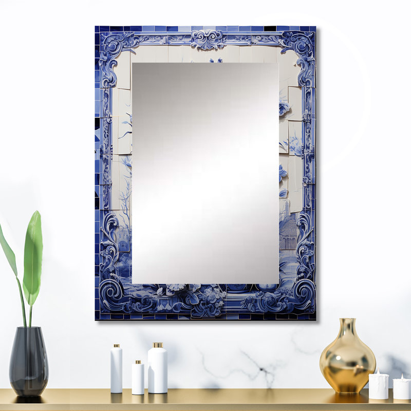 Bleu et blanc Boho Flower Pottery II - miroir décoratif de poterie Boho, miroir mural traditionnel, impression d'art en métal