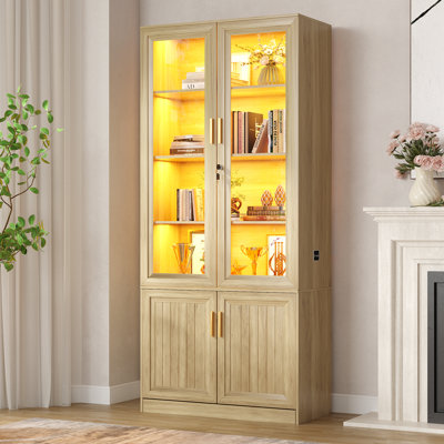 71'' H Storage Cabinet with Adjustable Shelves, 6-Tier Lockable Display Cabinet with LED Sensor Light