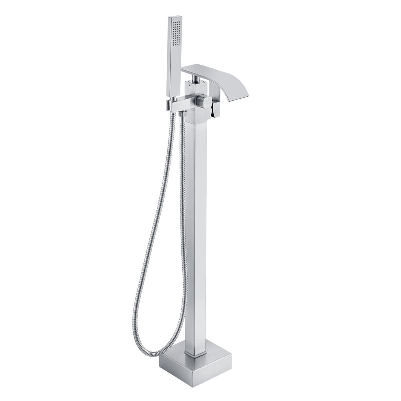 Robinets de mélangeur de douche Robinet de baignoire autoportant Aspect brossé lisse Débit élevé à deux poignées Fixation au sol 360 ° Bec pivotant Deux modes d'eau pour le bain et la douche Composants en laiton fin