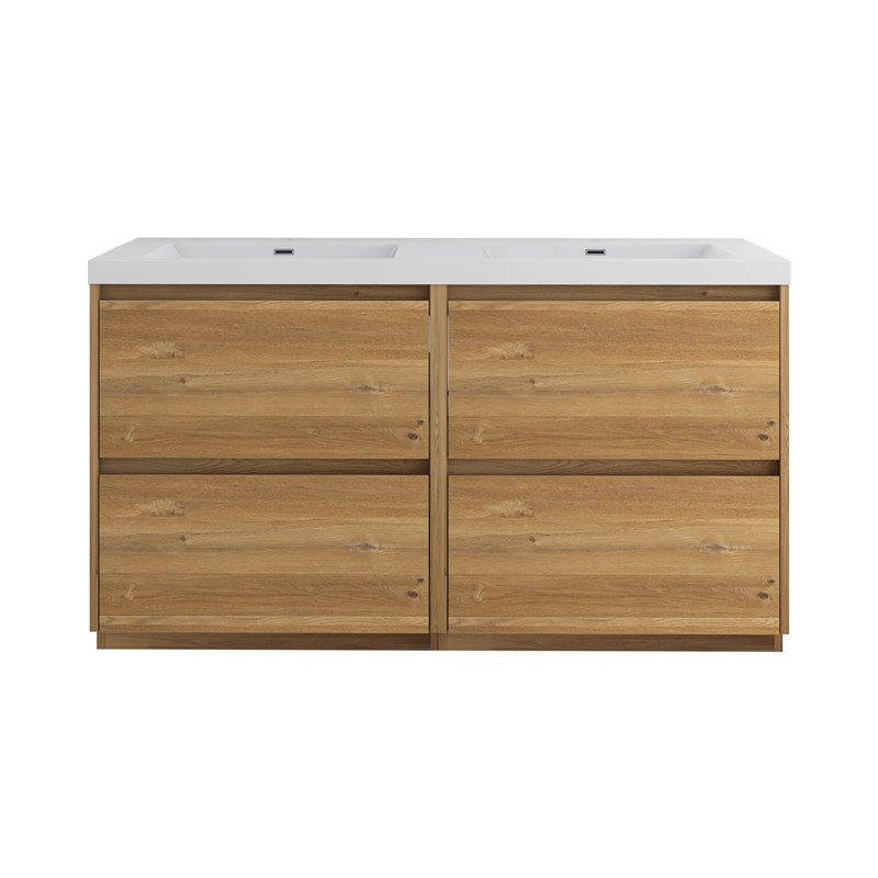 Meuble-lavabo double autoportant 60 po avec plateau en résine intégré 60 po, Chêne naturel