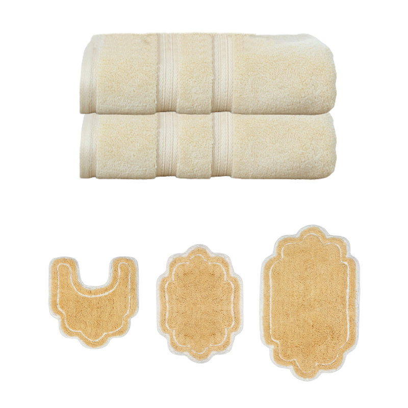 Talbert Collection 100% Soft Cotton 2 PC Bath Towel Set & Bath Rug Set, Yellow, 2 Piece Bath Towel Set & 3 Piece Bath Rug Set
