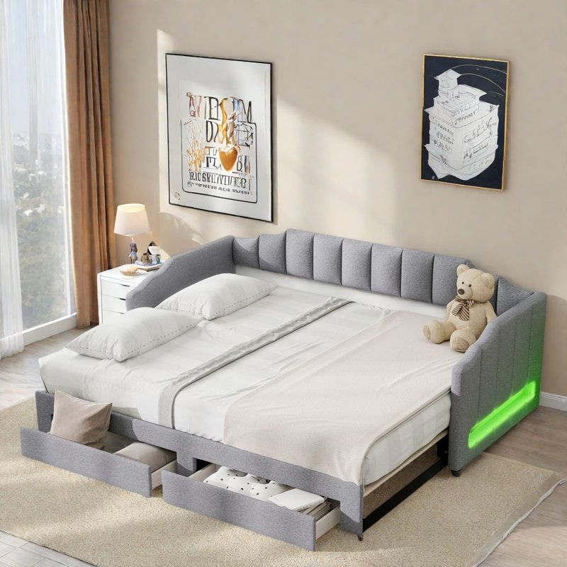 Lit de jour rembourré extensible avec 2 tiroirs de rangement et lumière DEL, Gris