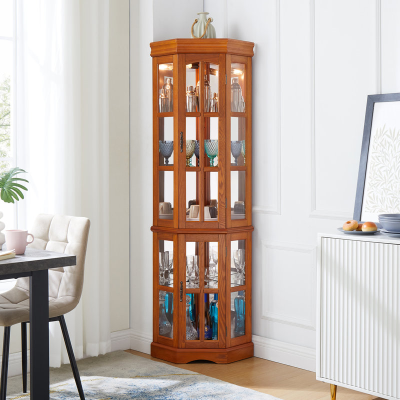 Vitrine de coin avec 5 tablettes et système d'éclairage, chêne (ampoule E26 non incluse)