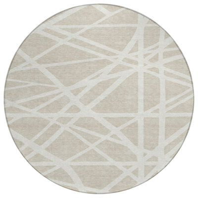 8' Beige And Ivory Round Geometric Washable Indoor Outdoor Area Rug