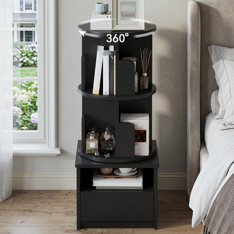 Table de chevet noire avec tiroir, table de chevet haute de 39 po avec bibliothèque rotative à 2 niveaux, table de chevet avec tablette ouverte, table de bout pour la chambre à coucher