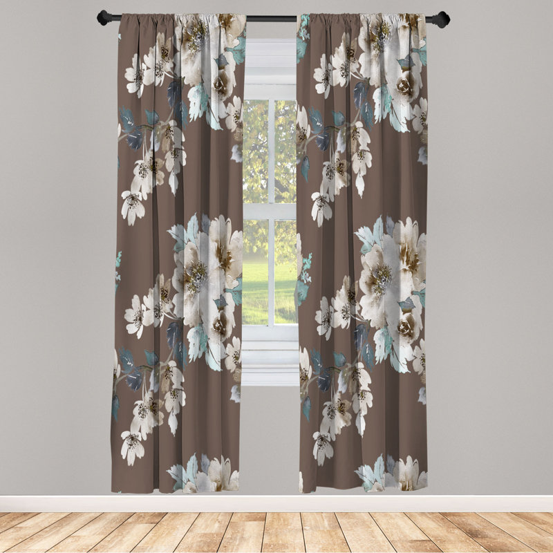 Microfiber Floral Semi-Sheer Rod Pocket Curtain Panels, 28" W x 84" L, Brown/White/Blue