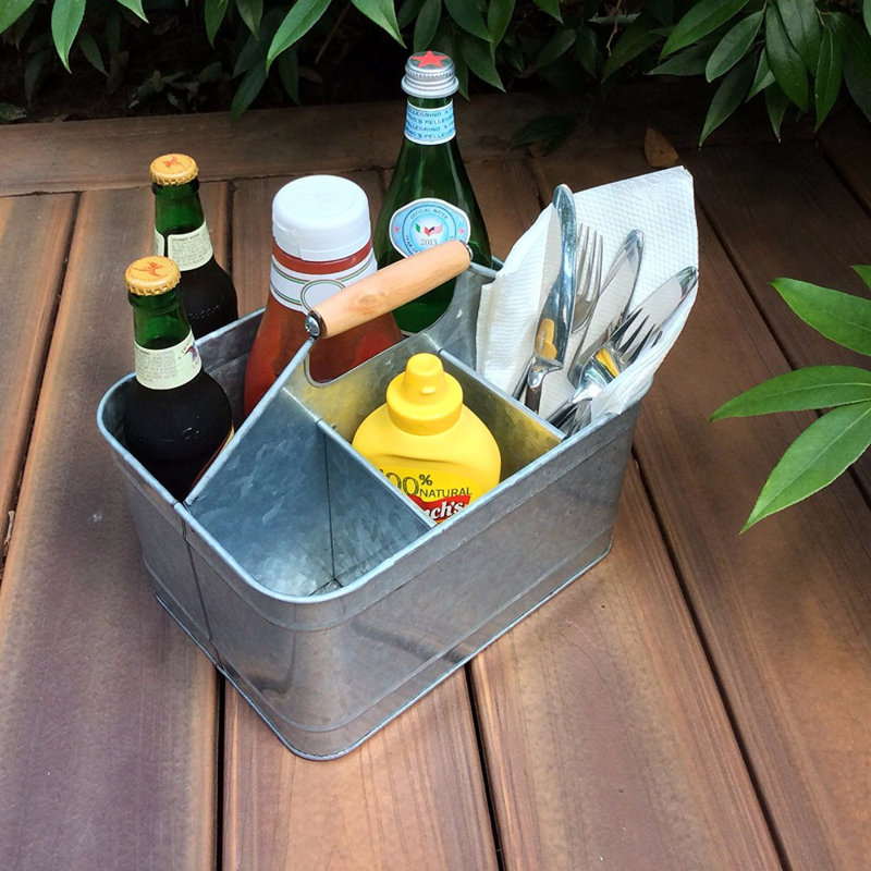  Rustic Galvanized Metal Caddy Basket with Mango Wood Handle, 11 x 7 x 9.5 Inch Organizer, Gray