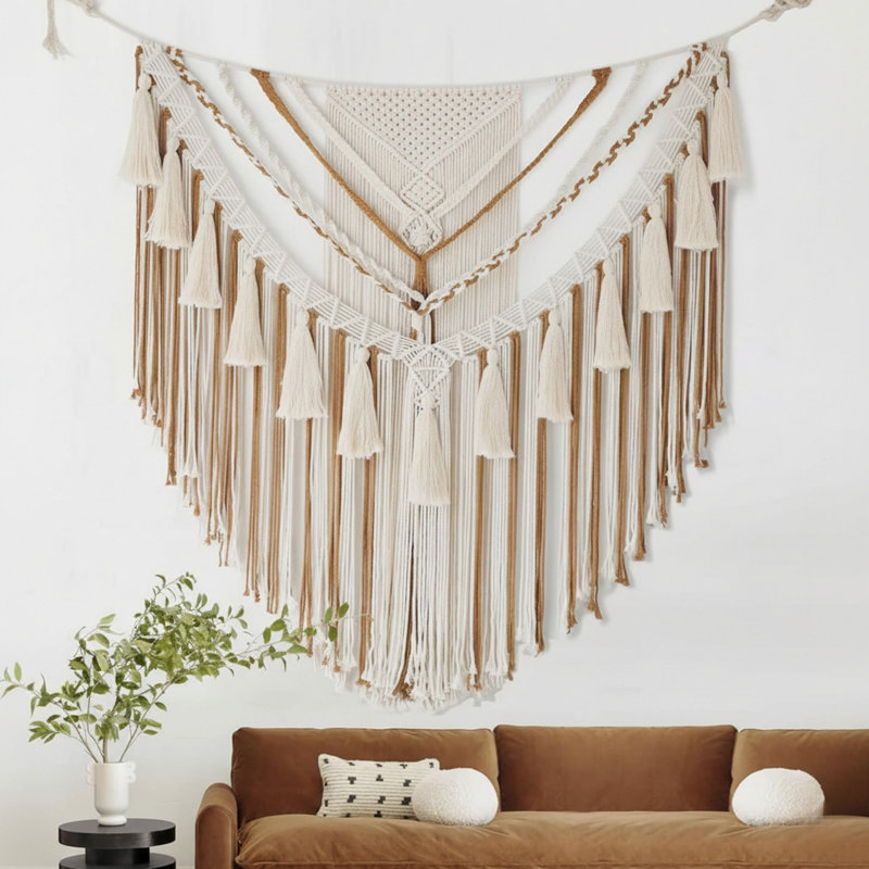 Panneau d'art texturé mural en macramé brun fait à la main