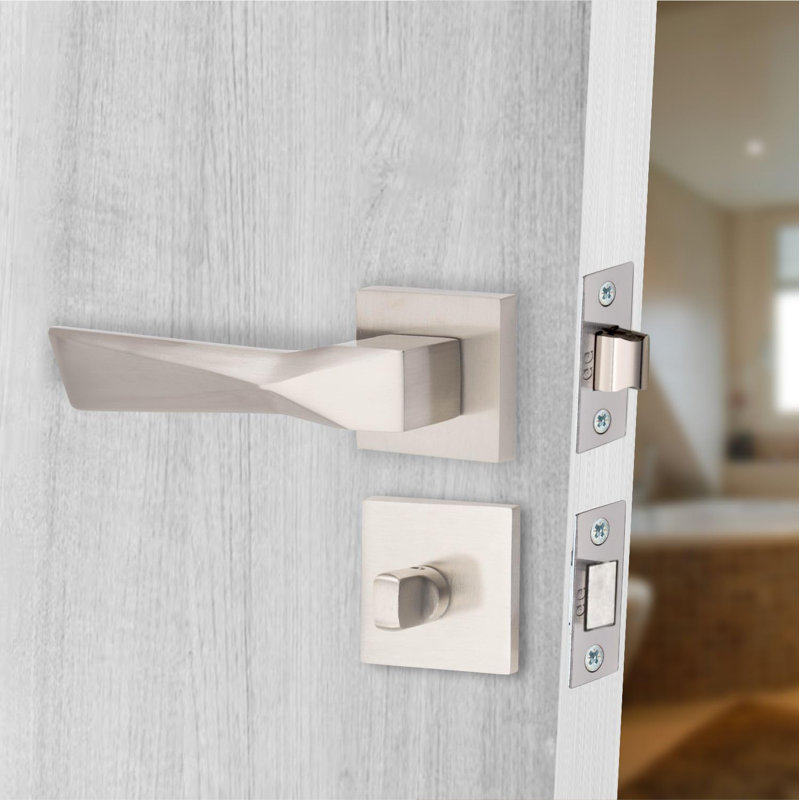 Modern Aura Premium Design Bathroom Door Handles on Square Rose with Dead Bolt, Latch, Ball Hinges and Thumbturn