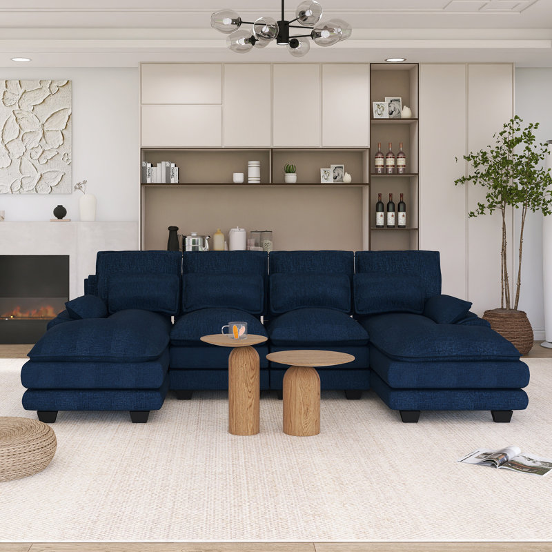 Canapé modulaire moderne en U avec coussins de taille, Chenille bleu