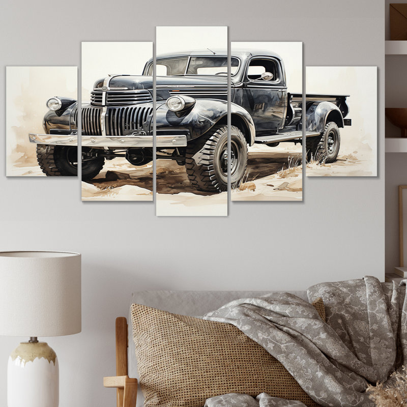 Minimaliste camionnette monochrome - transport mural art salon - 5 panneaux