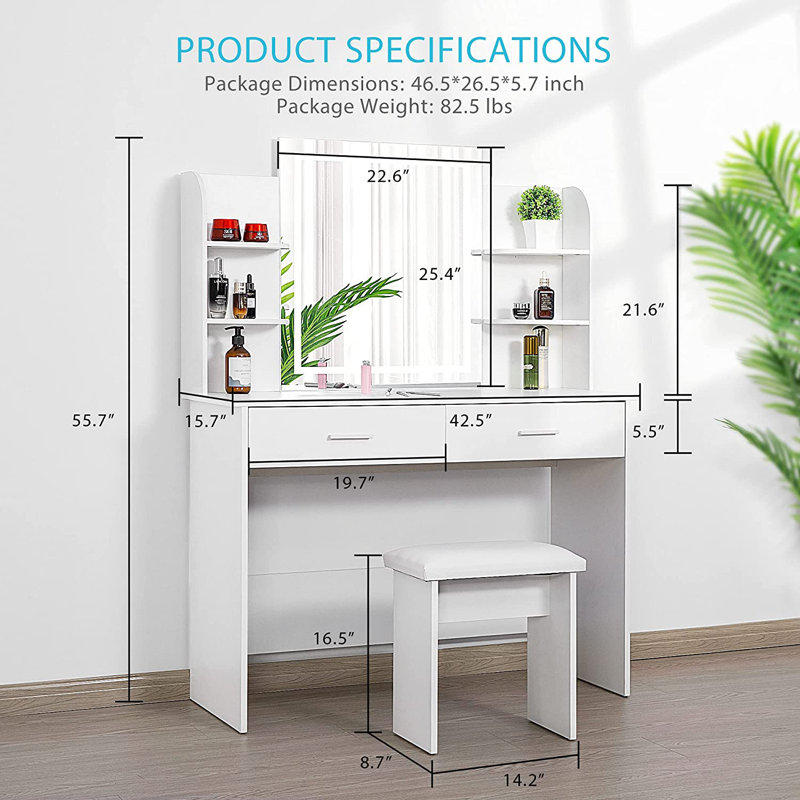 Decorian Makeup Vanity Table Set With 3-colour Dimmable Lighted Mirror, White
